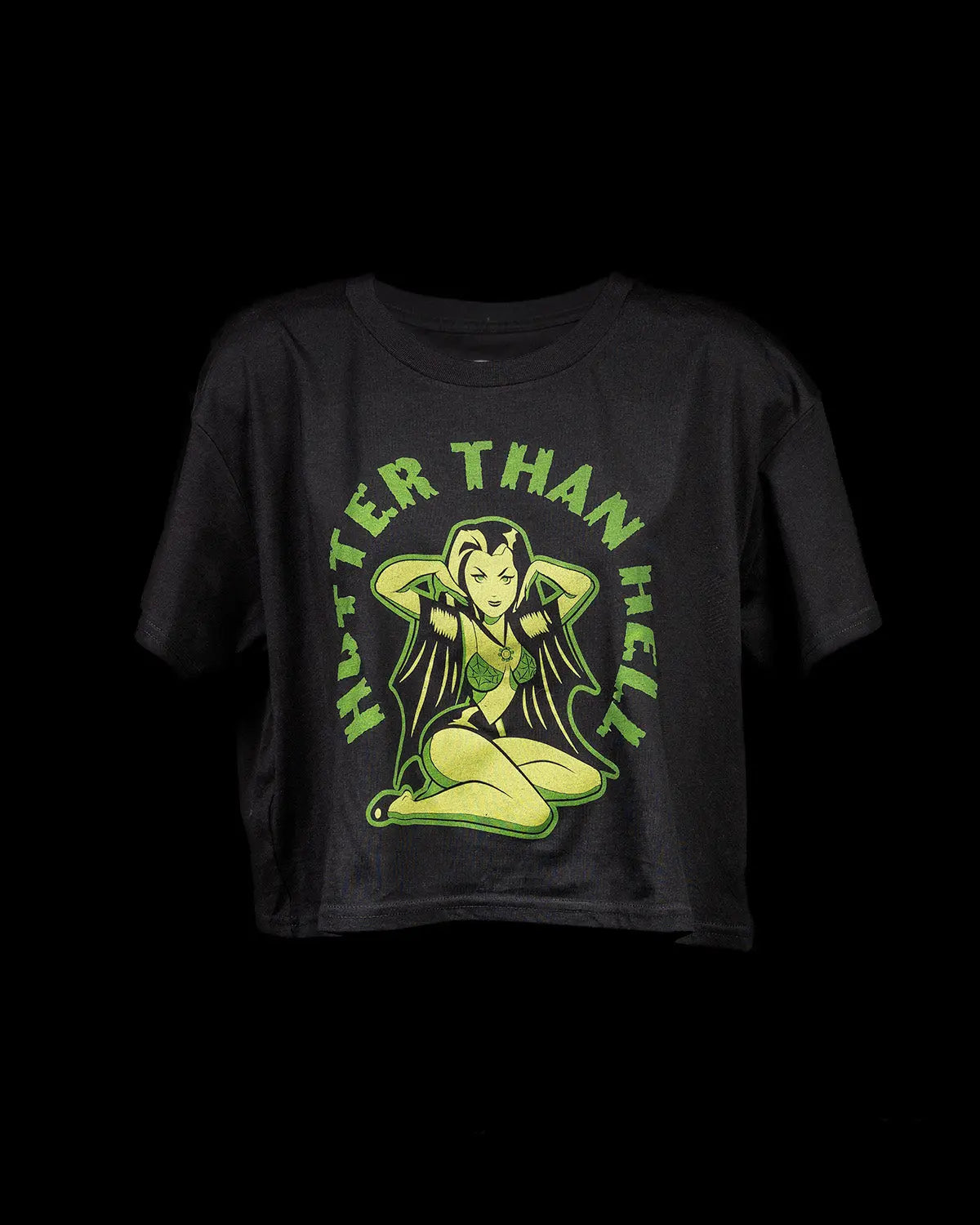 Front of the 'Hotter Than Hell' black crop top, featuring a bright lime green graphic of a stylized devil girl with bat wings and arched text.