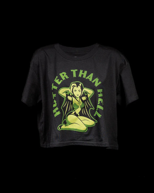 Front of the 'Hotter Than Hell' black crop top, featuring a bright lime green graphic of a stylized devil girl with bat wings and arched text.