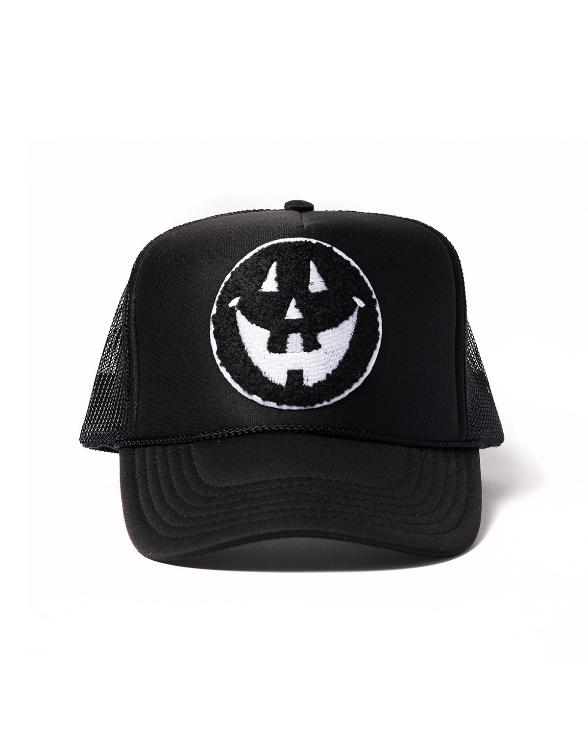 SMILEY FACE CHENILLE PATCH TRUCKER HAT