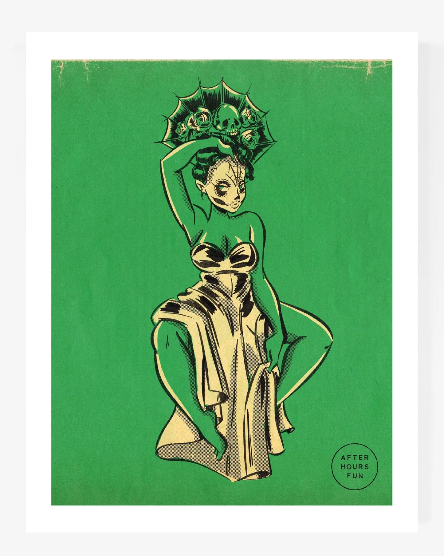 DAY OF DEAD GREEN GODDESS 11 x 14 in AFTERHOURSFUN
