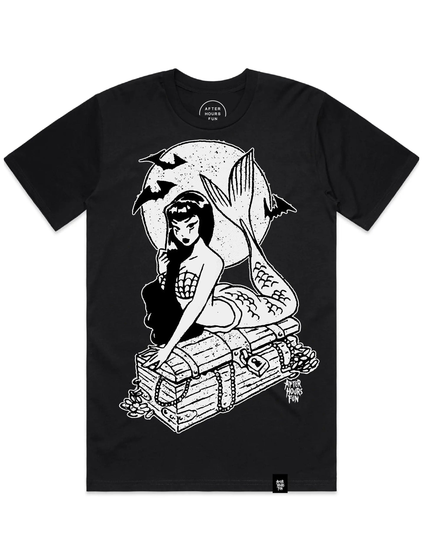 Black t-shirt with a graphic design of a woman with a fish tail on a white background