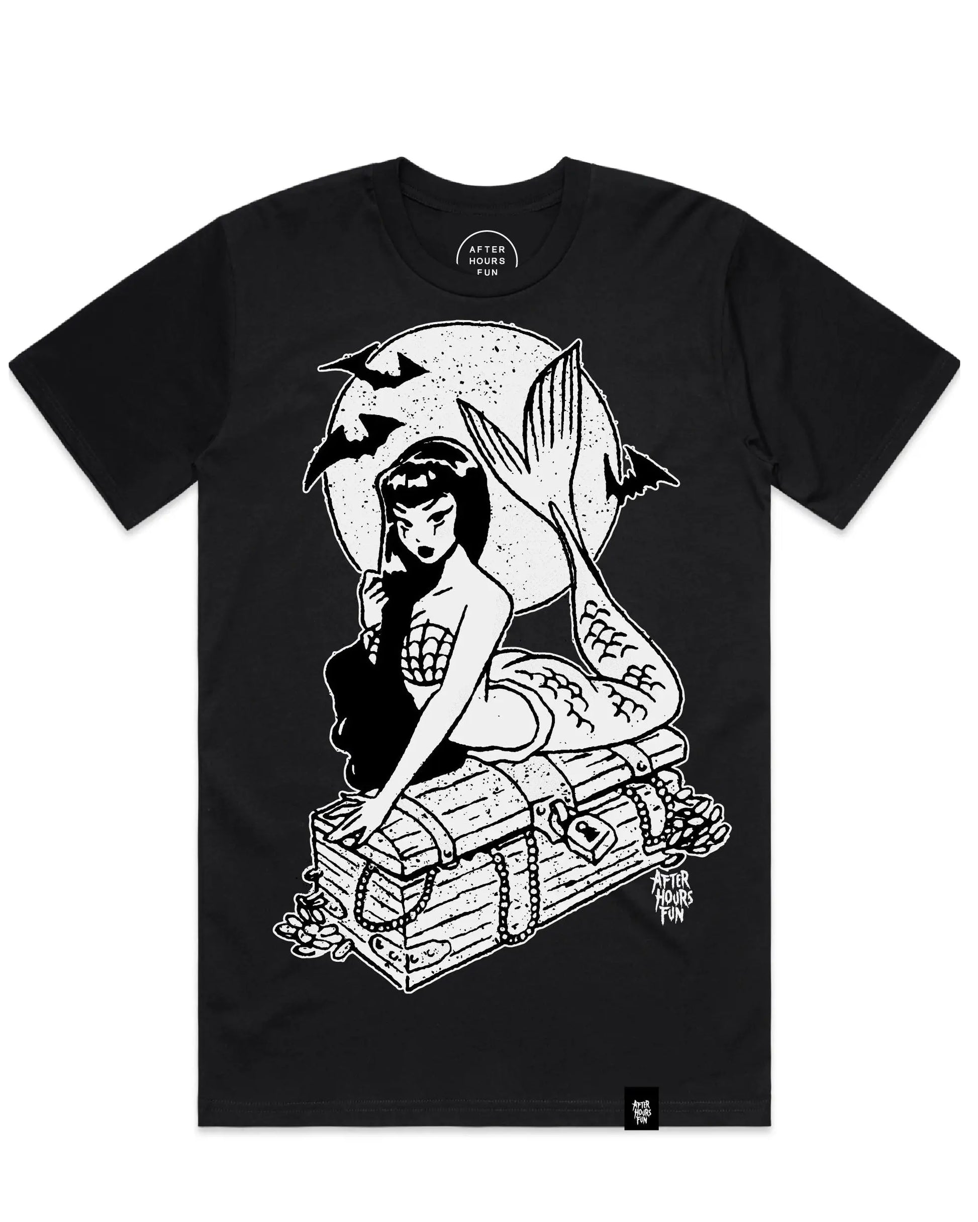 Black t-shirt with a graphic design of a woman with a fish tail on a white background