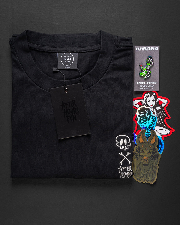 Black t-shirt with 'After Hours' branding and a colorful graphic on a dark background