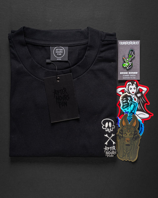 Black t-shirt with 'After Hours' branding and a colorful graphic on a dark background